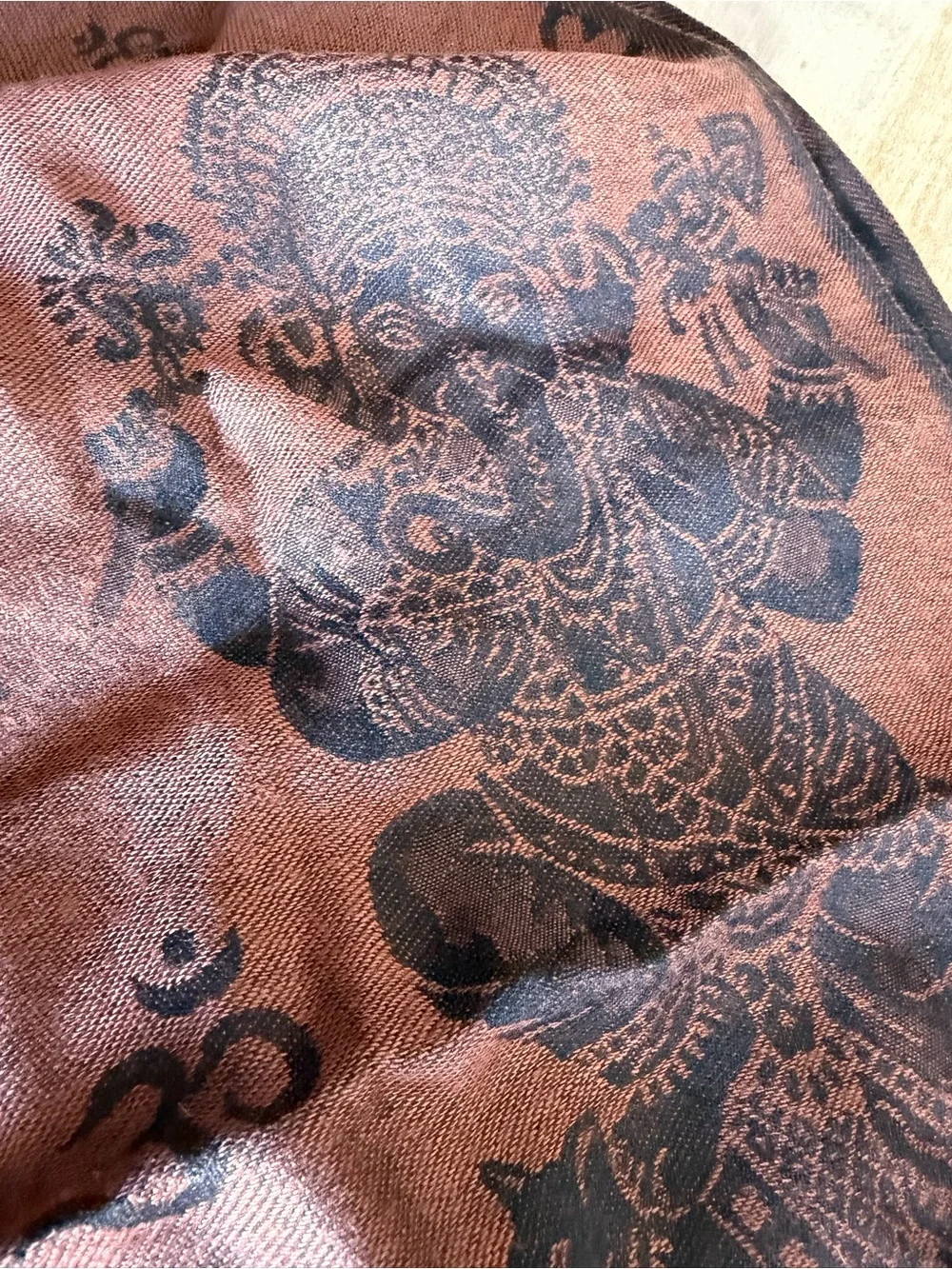 Rust Brown Scarf with Black Ganesha Print